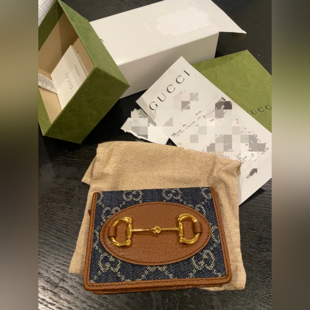 Gucci Horsebit 1955 Denim & Brown Card Case Wallet